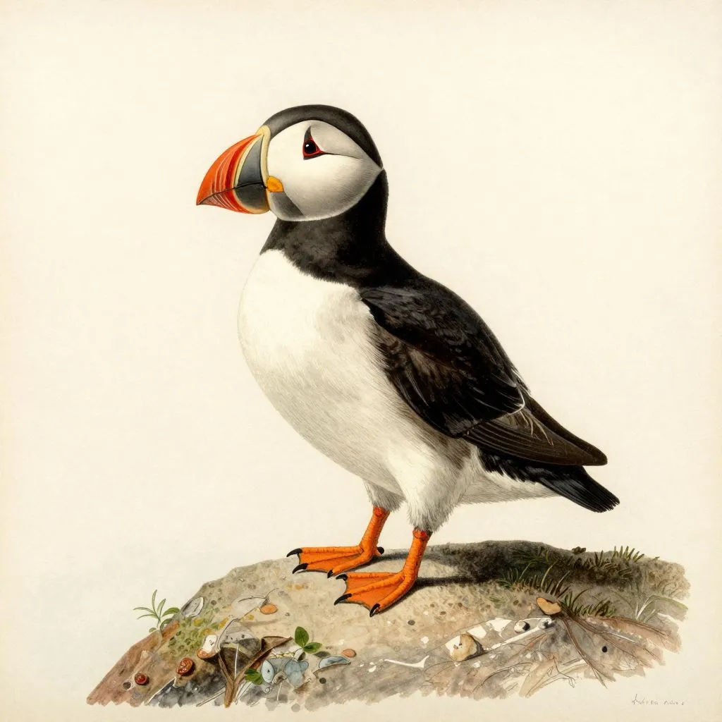 Watercolour plate of an Atlantic puffin, Fratercula arctica.