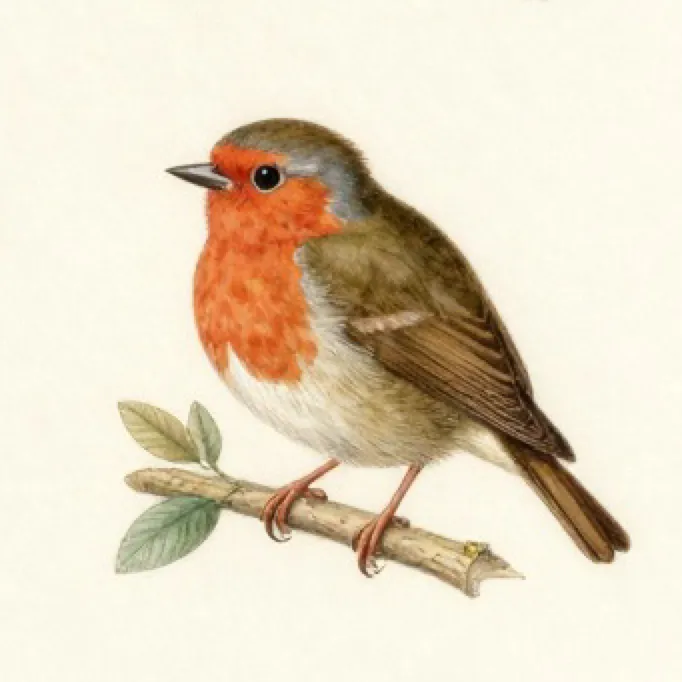 Watercolour plate of a European robin, Erithacus rubecula.