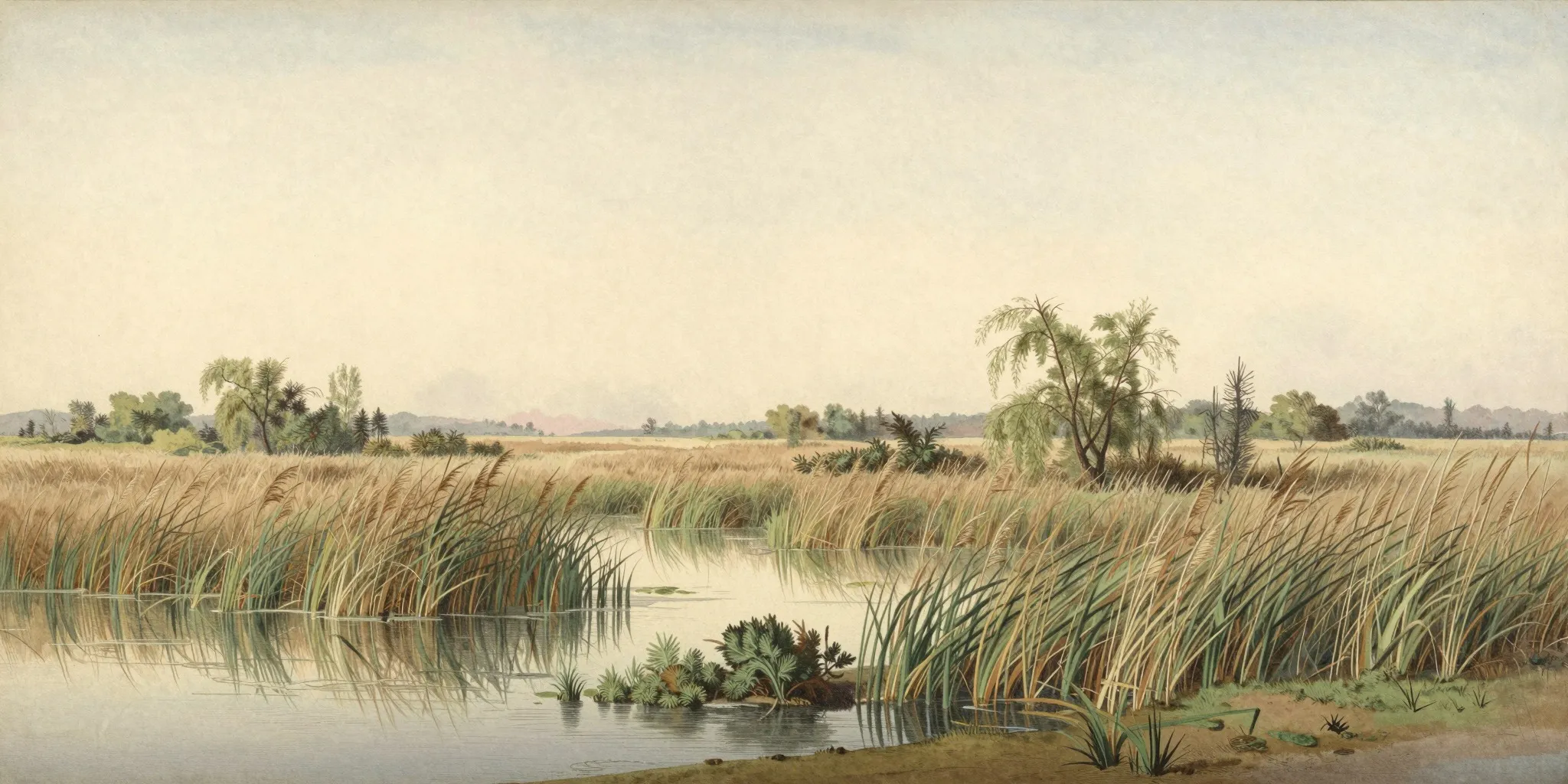 Watercolour of a wetland habitat.