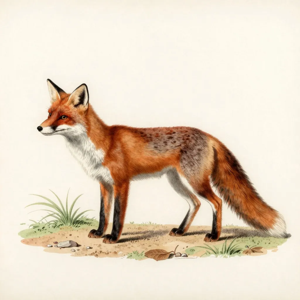Watercolour plate of a red fox, Vulpes vulpes.